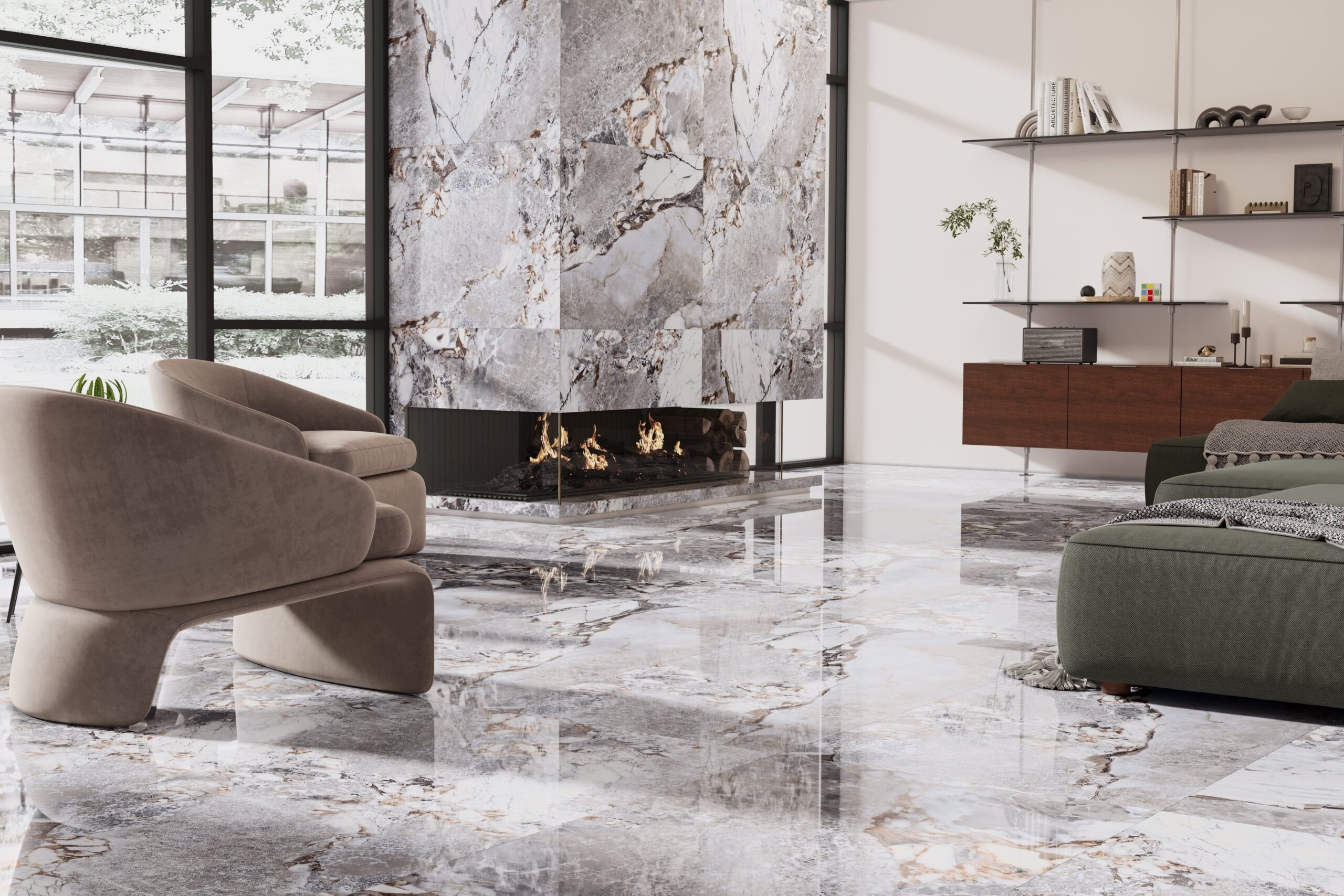 Elegant living room interior with luxurious decor and commercial flooring solutions, featuring plush seating and modern accen